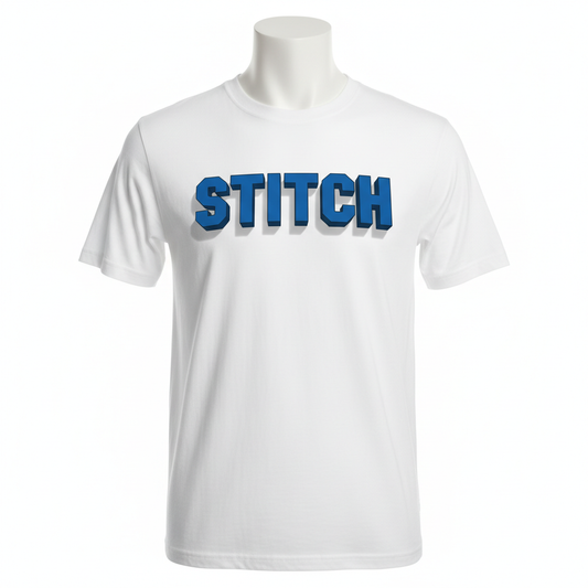 Bílé tričko s modrým 3D nápisem STITCH
